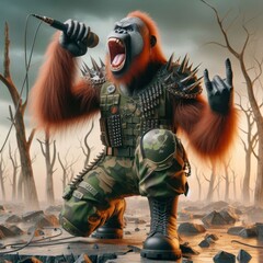 Fototapeta premium Ai Generated Low poly 3D illustration of an orangutan vocalist, roaring into a microphone, dressed army-style equipment, spiked shoulder pads, standing in a desolate jungle with dead trees