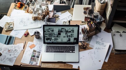 A laptop sits on a cluttered desk among sketches, papers, and various artistic supplies, reflecting a busy creative atmosphere. Generative AI