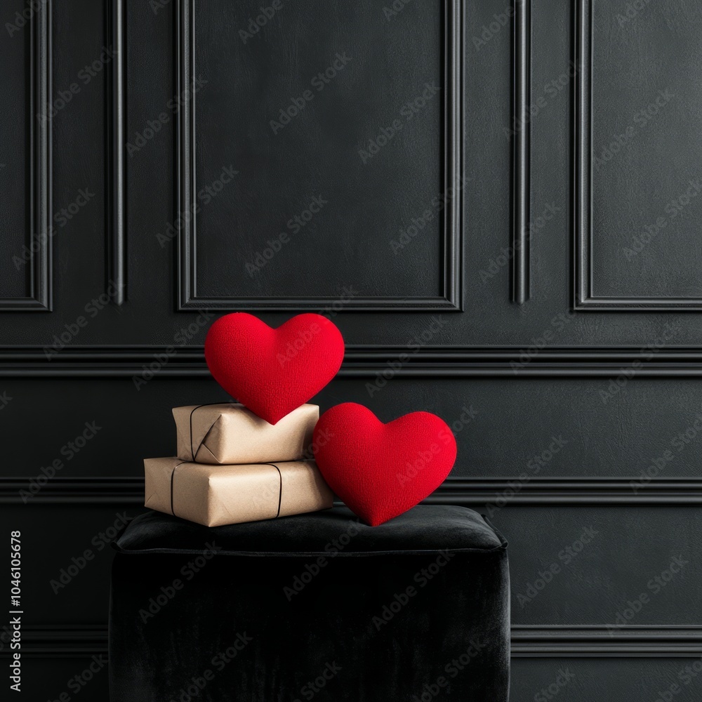 Sticker Two red heart-shaped pillows beside wrapped gifts against a dark wall.