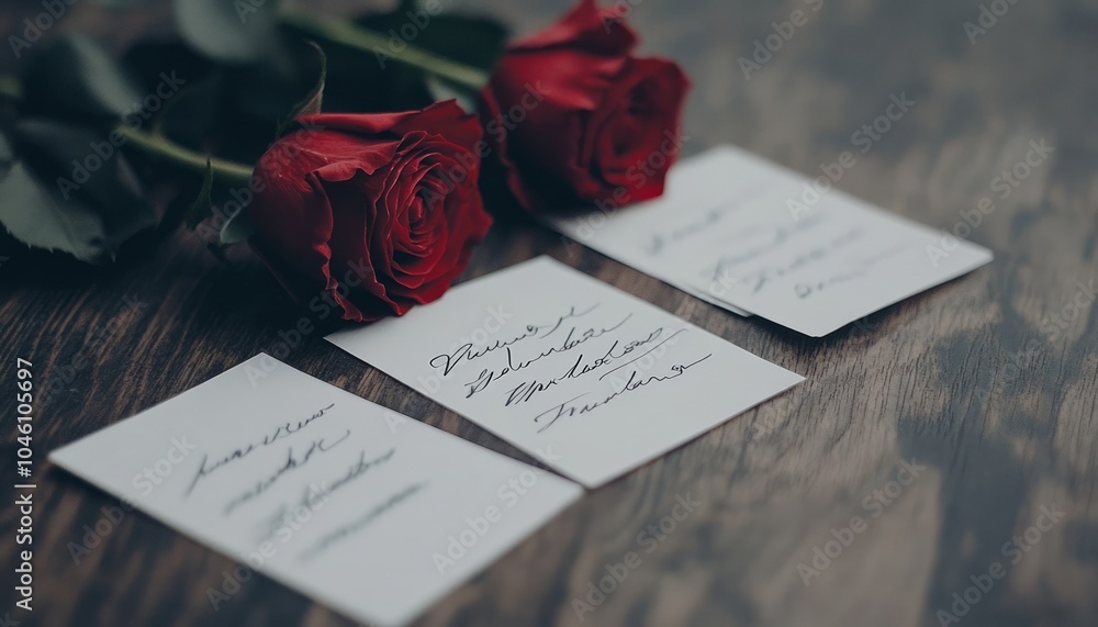 Sticker Two red roses beside handwritten notes on a wooden surface.