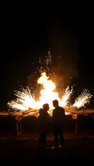 Young people in love standing together in front of big fire and looking at beautiful sparks in air isolated with white highlights, png