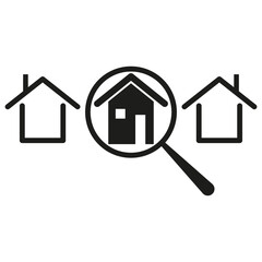 Real estate search icon. House selection symbol. Property magnifying graphic. Vector outline.