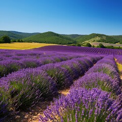 Obraz premium Rolling hills covered with lavender fields under a bright blue sky