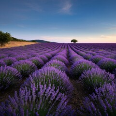 Fototapeta premium Rolling hills covered with lavender fields under a bright blue sky