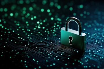 Digital padlock on a circuit board, isolated on a dark background.