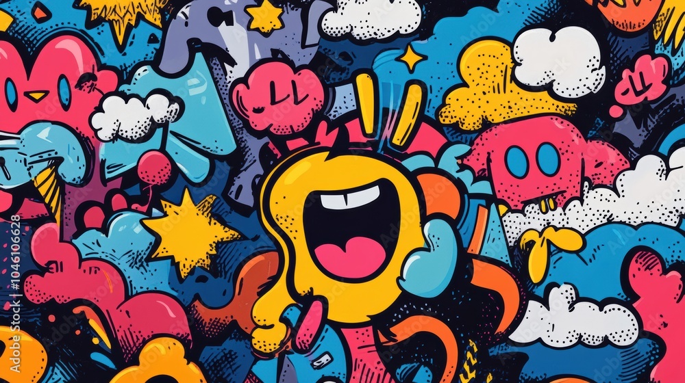 Aufkleber Bright comic-style doodles showcase energetic characters amidst colorful clouds, with playful speech bubbles and dynamic sound effects exploding. Generative AI