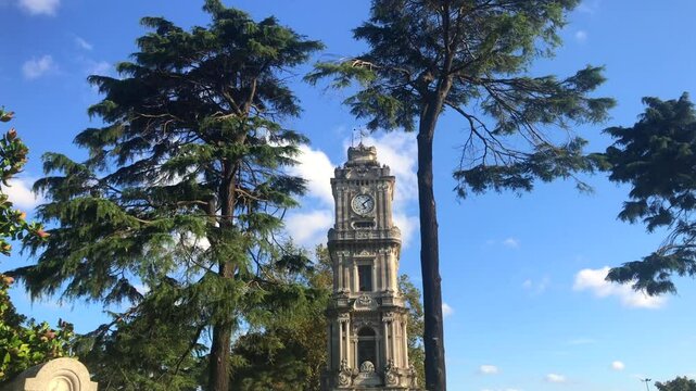 Dolmabahce Palace Clock Tower in Istanbul, Turkey. Mustafa Kemal Ataturk spent the last days of his medical treatment in this palace, where he died on November 10, 1938.