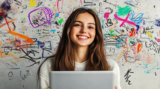 Collage sketch picture poster of happy cheerful woman hold netbook isolated on drawing background Video