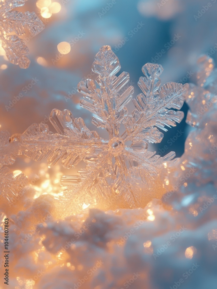 Aufkleber Intricate snowflake shapes glimmer softly in icy shades, blending with a warm glow to create a captivating winter ambiance. Generative AI