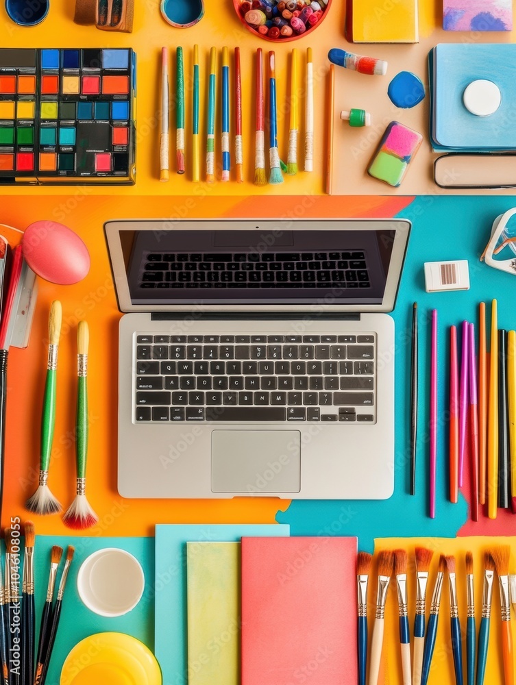 Poster a laptop is placed on a vibrant table filled with various art supplies, showcasing a lively workspac