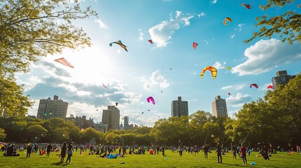 People flying kites in a park with skyscrapers in the background