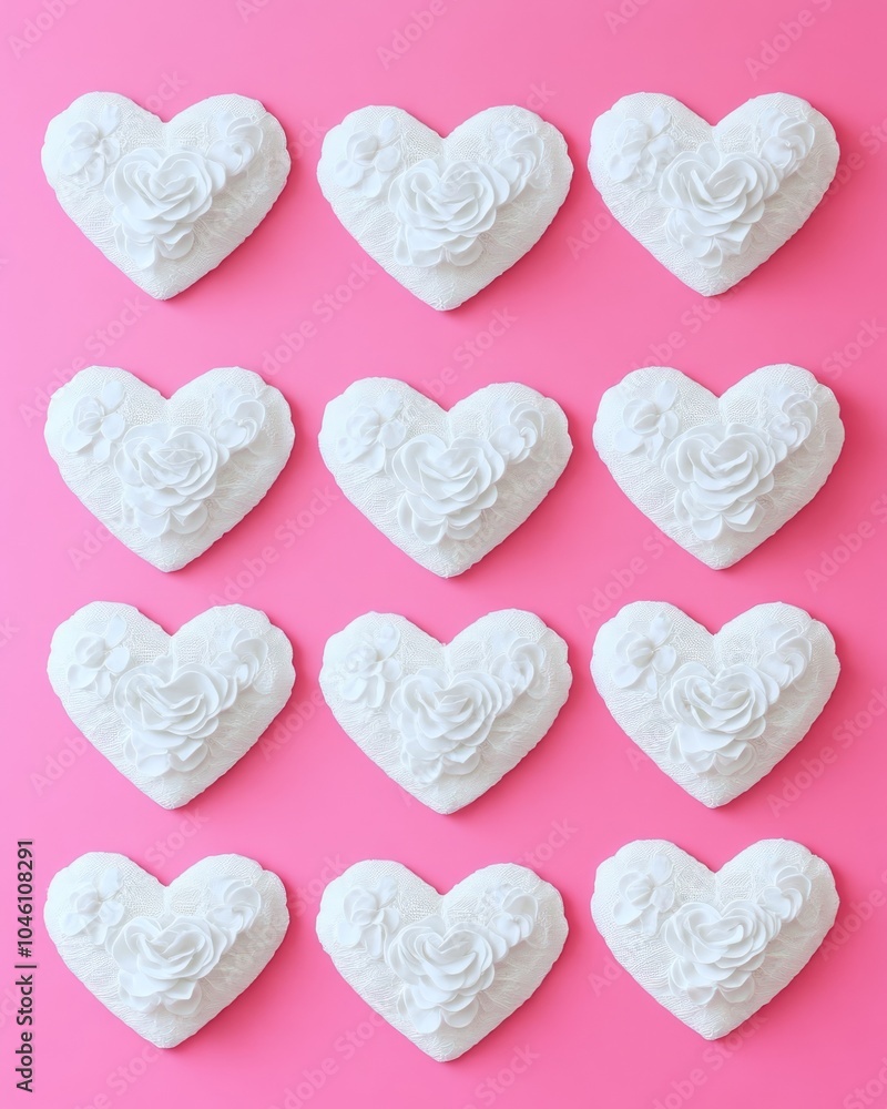 Canvas Prints White heart-shaped decorations arranged on a pink background.