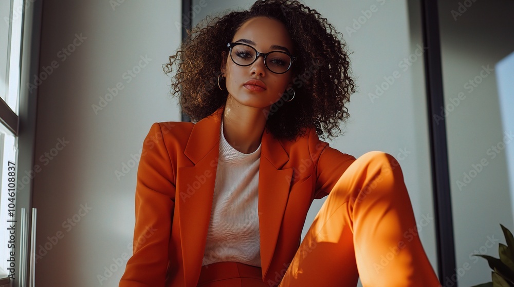 Sticker Stylish Woman in Orange Suit Posing Indoors