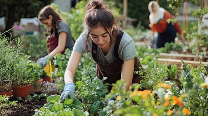 Woman tending to plants in a garden, wearing a blue glove