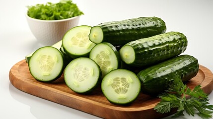A wooden cutting board with a pile of cucumbers on it
