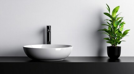 Fototapeta premium Modern bathroom sink with a plant on a stylish countertop against a grey wall.