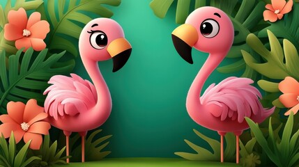 A delightful scene of two pink flamingos with large eyes, standing amidst lush green foliage and vibrant flowers, evoking a whimsical and cheerful atmosphere.