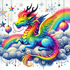 Fototapeta premium Neon Rainbow Dragon on a Dreamy Cloud, Generative Ai