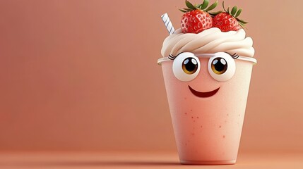 A delightful strawberry milkshake cartoon character with a large smile, big eyes, and straw, infused with joy and sweetness against a peachy background.