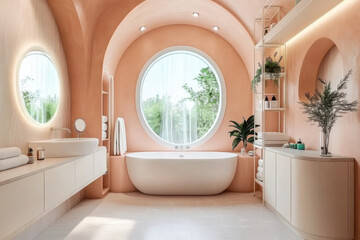 Interior design of modern color bathroom with arched wall and ellipse window