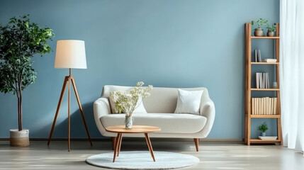 armchair sofa Book shelf and blue wall. Scandinavian home interior design of modern living room