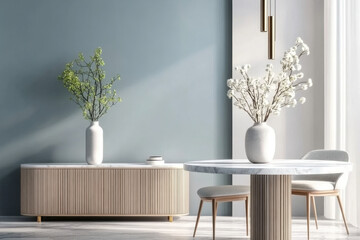 Interior design of modern living room, marble table and chairs