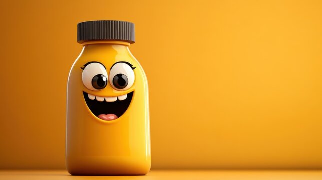 An animated yellow bottle character with large eyes and a joyful expression stands out on a yellow background, bringing a sense of playfulness and whimsy.
