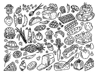 Food, fruits, and vegetables icon doodles cartoon hand drawn background.