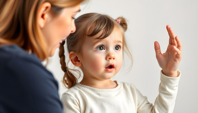 Cute stuttering child girl speaking doing exercises with speech therapist isolated with white highlights, png