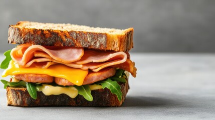 This hearty sandwich features a layer of succulent ham, melted cheese, and fresh leafy greens, served on thick rustic bread for a fulfilling meal experience.