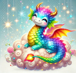 Fototapeta premium Happy Dragon with Glowing Rainbow Scales, Generative Ai