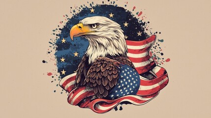 Fourth of July bald eagle holding an American flag