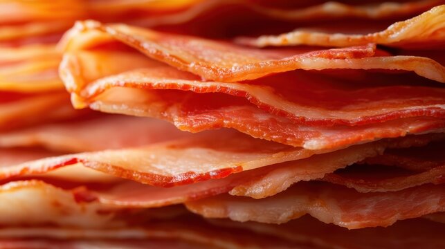 An artistic closeup of bacon's savory layers, showcasing its rich texture and inviting aroma in a modern food photography genre, emphasizing appetite appeal.