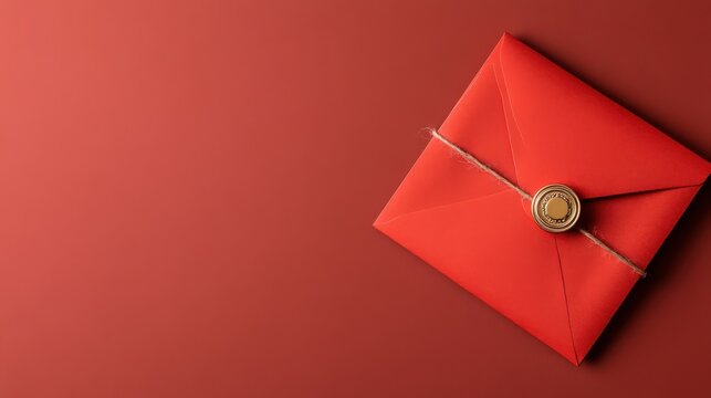 A classic red envelope, meticulously tied and sealed with a wax stamp, rests on a warm brown background, suggesting a sense of tradition and secrecy.