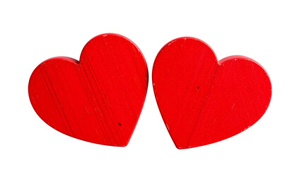 Obraz premium Two Red Wooden Hearts isolated with white highlights, png