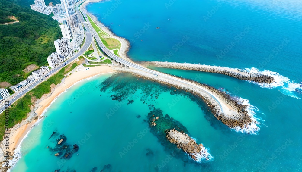 Wall mural magnificent coastal scenery, colorful aerial view of the city.