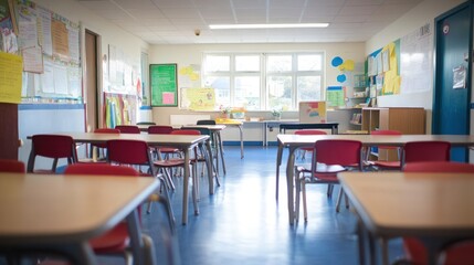 An empty elementary school classroom with red chairs, wooden desks, and a bulletin board.