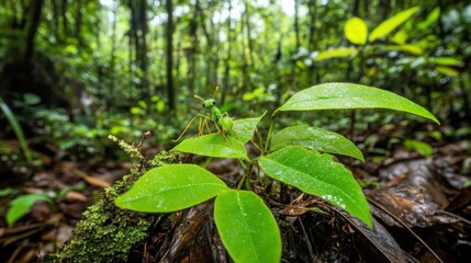 A vibrant green insect camouflaged on a rainforest plant, with a blurred background of lush foliage.