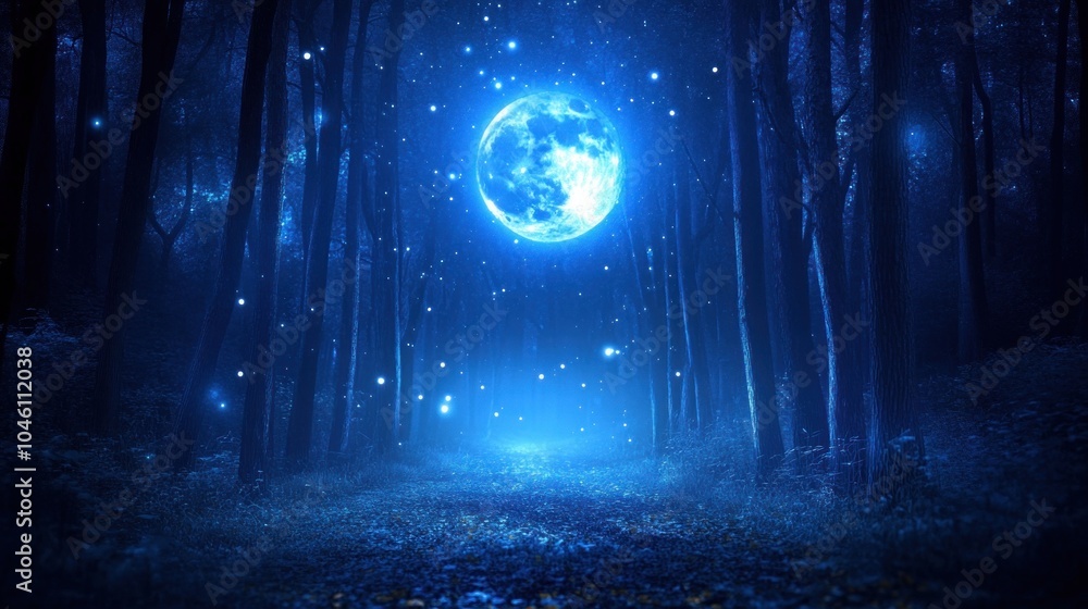 Poster A full moon shines brightly in a mystical forest, illuminating a path with glowing particles.