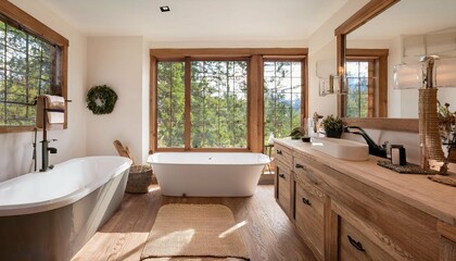 13.Modern work space in stylish sunny room with eco interior design, wooden wall and floor, marble console and black chair  
