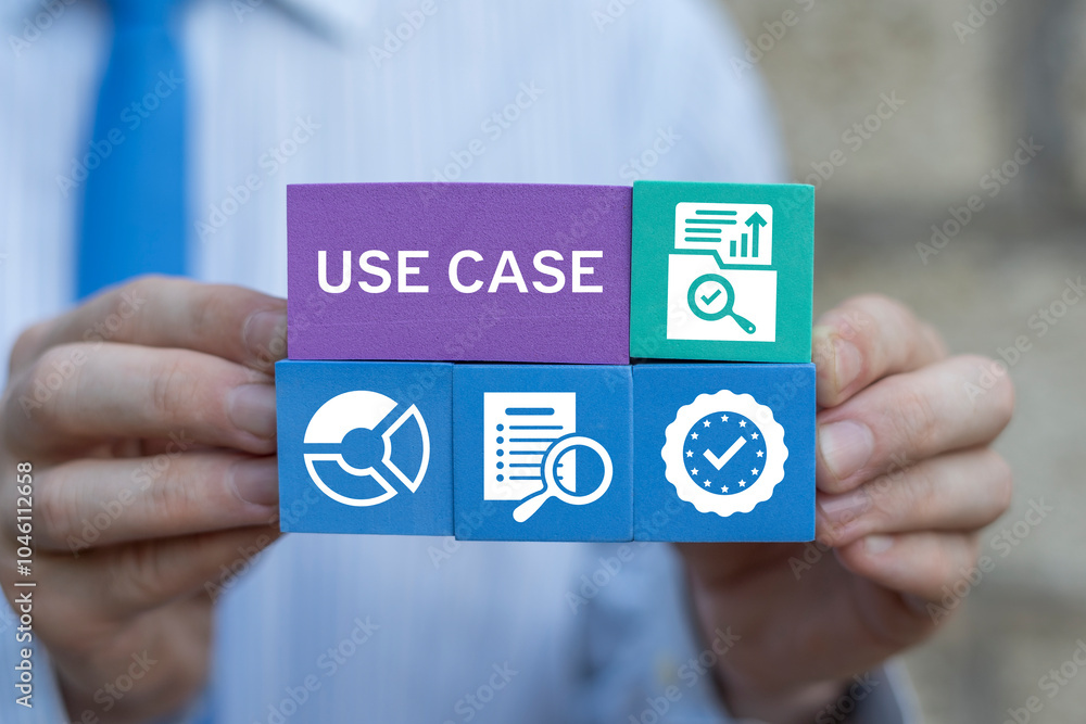 Poster business man holding colorful styrofoam blocks sees inscriptoion: use case. use case analysis busine
