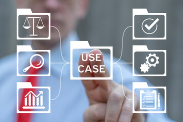 Business man working on virtual touch screen presses inscription: USE CASE. Use case analysis...