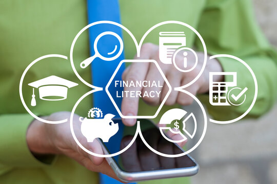 Man using phone and virtual touchscreen sees text: FINANCIAL LITERACY. Financial literacy and education with learning concept. Economic knowledge and personal skills. Money planning and control.