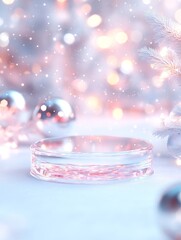 Elegant winter scene featuring a transparent container surrounded by sparkling snowflakes and festive ornaments for holiday celebrations