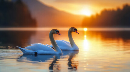 Fototapeta premium beautiful white swan in heart shape on lake in flare light