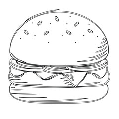 Hand-drawn burger with cheese and lettuce sketch Vector
