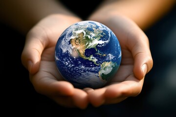 A pair of hands holding a miniature Earth, symbolizing the responsibility and care humans must take to ensure the planet's future