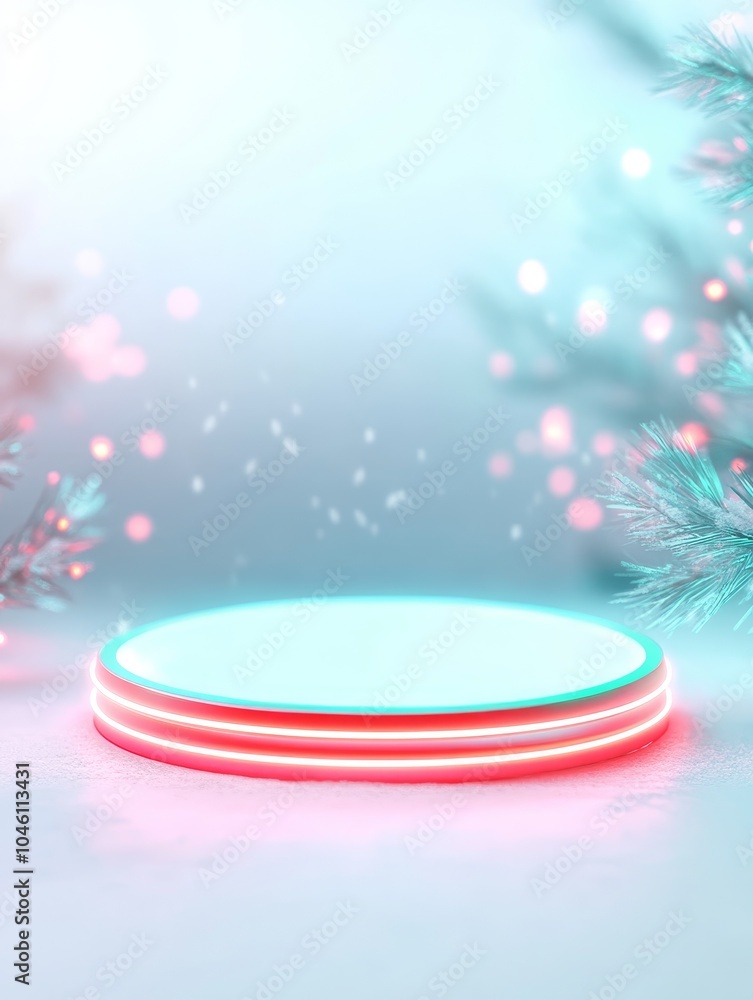 Poster captivating glowing platform surrounded by soft lights and aesthetic elements for unique showcase ex