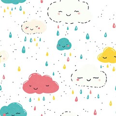 Colorful Smiling Clouds with Raindrops Seamless Pattern