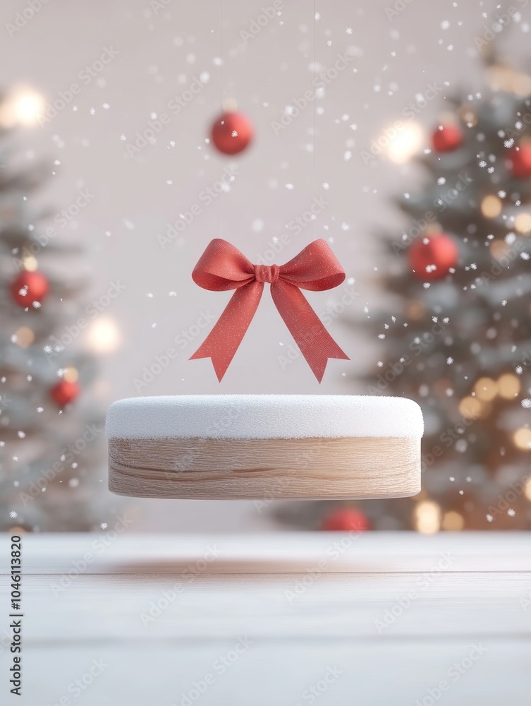 Poster festive gift presentation with floating box and red bow in a winter wonderland setting surrounded by